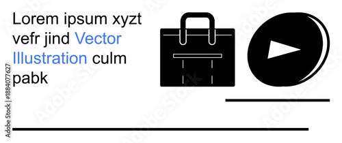 Media, corporate design, branding, business presentations, marketing visuals, digital prototypes. Minimal design with a briefcase icon, play button and placeholder text. Media and corporate design