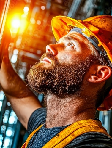 Focused Engineer in Hard Hat Inspecting Bright Light in Industrial Setting