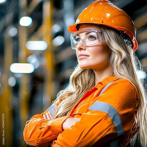Confident Female Engineer in Orange Safety Hardhat and Glasses in Industrial Workplace