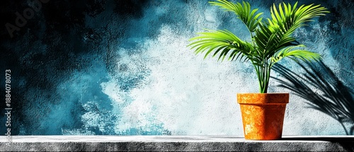Tropical Potted Palm Plant on Concrete Shelf with Textured Blue Wall Background