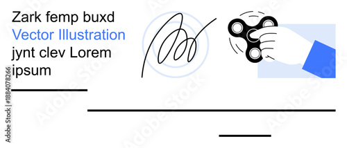 Stress relief, relaxation, creative design, focus enhancement, modern hobbies, branding elements. Hand holding a fidget spinner with abstract text and signature. Stress relief and relaxation concept