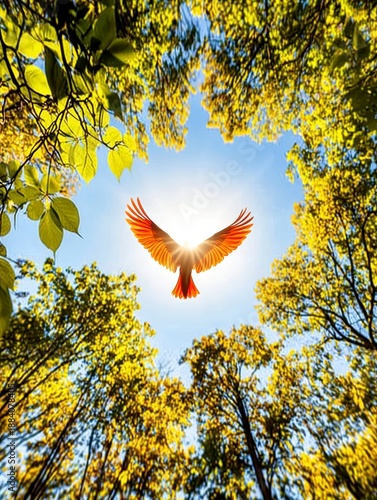 Wings of Freedom: Golden Bird Soaring in Luminous Autumn Forest Canopy