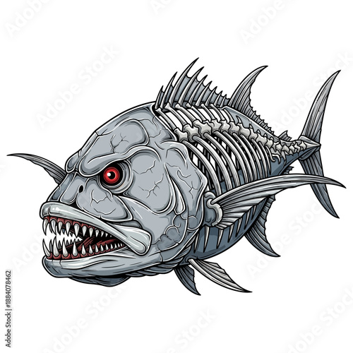 giant trevally skeleton fish with sharp teeth and red eyes vector illustration isolated