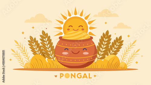 Happy Pongal poster, warm smiling sun rising above rice grains and Pongal pot, harvest gratitude theme, soft pastel yellow and orange palette, modern minimal illustration, clean white background, bala