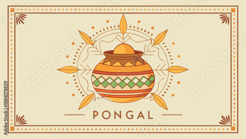 Happy Pongal poster, thin ornamental frame inspired by Tamil kolam art, centered Pongal pot illustration, refined minimal style, neutral color palette, white background