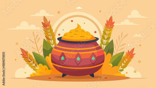 Happy Pongal poster, traditional clay Pongal pot boiling over with rice, symbol of abundance and harvest, clean minimal poster design, warm pastel tones, South Indian festival aesthetic, centered comp