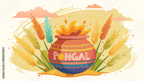 Happy Pongal poster, watercolor illustration of clay Pongal pot and sugarcane, soft hand-painted texture, warm pastel tones, gentle festival mood, centered composition, white background, artistic post