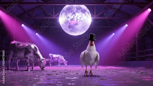Chicken in Top Hat Dances at Disco Barn Party with Silver Cows