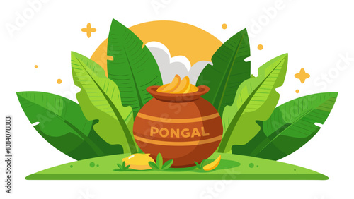 Happy Pongal poster, Pongal pot placed on green banana leaves, simple flat illustration, natural harvest colors, calm modern poster aesthetic, isolated on white background
