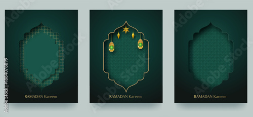 A set of Ramadan Kareem greeting cards. A pattern with cut-out Arabic windows in Islamic style, traditional gradient design. Suitable for greeting cards, banners, and advertising. Vector