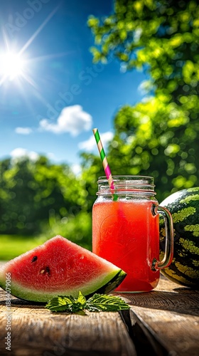 Refreshing Watermelon Juice in Mason Jar with Slice on a Sunny Summer Day