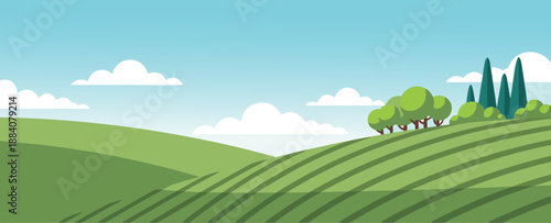 Beautiful vector illustration of rolling green hills and trees under a clear blue sky with fluffy clouds
