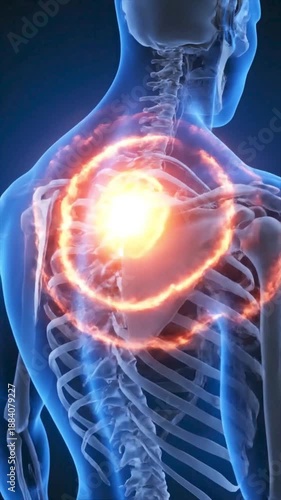 Human back skeleton with glowing shoulder pain suitable for medical, educational, and wellness content on conditions and injuries related to shoulders.
