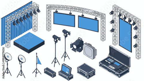 Set of professional stage lighting and equipment vector illustration for event production and live performance setups
