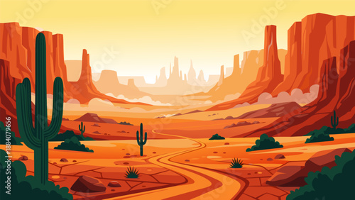 Vibrant desert canyon landscape illustration vector, featuring arid terrain, cacti, and majestic rock formations under a warm sunset sky