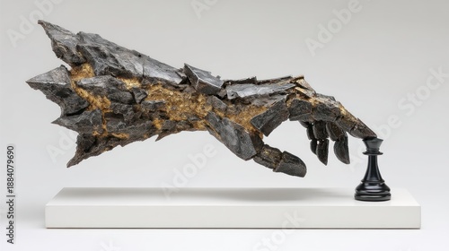 Mythical Dragon Hand Playing Chess with a Black Pawn on a White Pedestal.