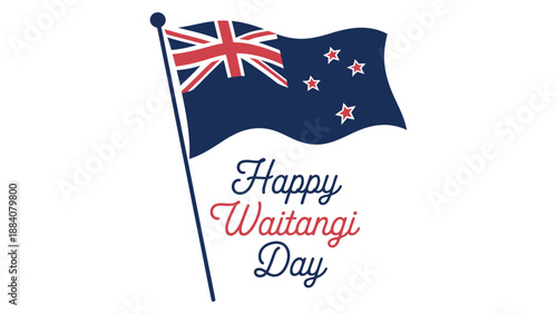  happy waitangi day greeting card with new zealand flag, national holiday celebration design, patriotic banner illustration for cultural event and independence day