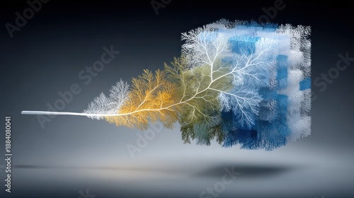 Abstract Frozen Tree Branch with Colorful Ice Cubes.