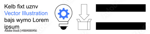 Innovation, ideas, processes, workflow, technology, creativity. Gear inside a lightbulb, downward arrow pointing to a box and bold text. Innovation and workflow concept