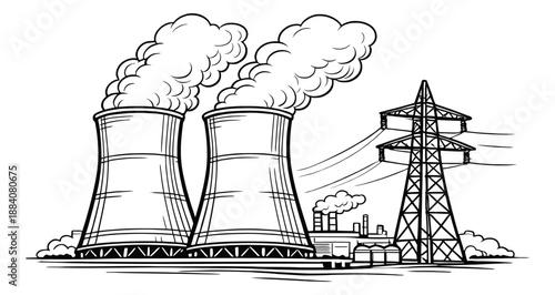 Hand drawn line art illustration of a nuclear power plant depicting steam from cooling towers and an electricity pylon for industrial energy generation