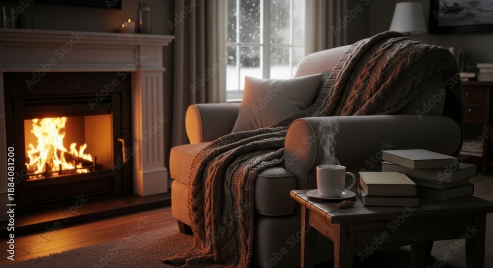 Fototapeta premium Cozy Living Room Scene with Fireplace and Armchair.
