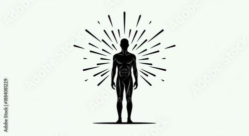 Silhouette of a person with dynamic lines radiating from their body symbolizing energy and inspiration in a minimalist style