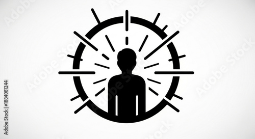 Black silhouette of a person targeted by crosshairs and lines on a white background conveying focus and surveillance