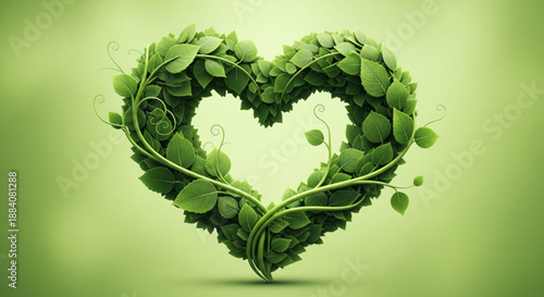 Heart shaped green leaves arrangement on gradient background for eco friendly love and care concepts