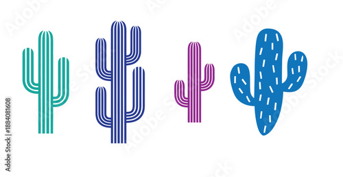 Colorful cactus collection desert plants botanical art set. Group Of Saguaro Cactus Plants With Red And Orange Flowers On Black Background. vector illustration.