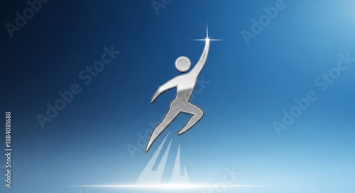 A silver humanoid figure leaps dynamically against a radiant blue background arms outstretched with a star