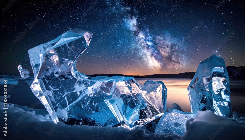 Obraz premium Brilliant Ice Crystal Fragments Under Starry Night Sky Landscape