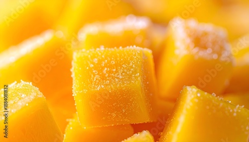Close-up of diced, vibrant yellow fruit pieces, some dusted with tiny white crystals