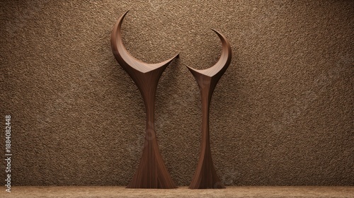 Abstract Wooden Sculptures on Textured Wall.