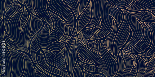 Luxury botanical pattern, abstract line leaves, floral art deco gold background. Elegant vector design, jungle foliage, organic texture, wallpaper, textile print, poster, premium decor