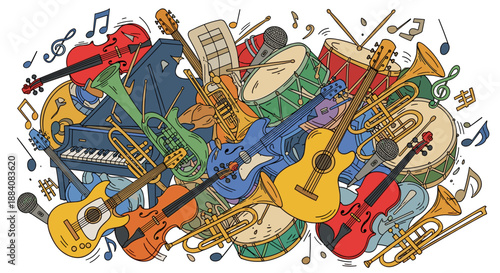 Assorted Musical Instruments and Notes Illustration.