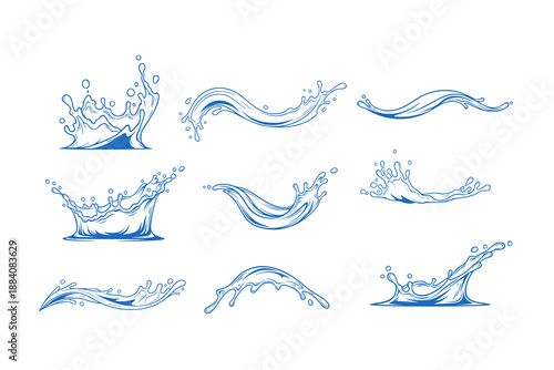 Water splash set. line art blue water drops, puddle, spray and waves. Nature object spatters, sputter, splashdown. Clean aqua motion concept. Vector design illustration