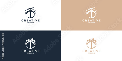 Vector logo design template with palm tree - summer and vacation abstract badge and emblem for vacation rentals, travel services,