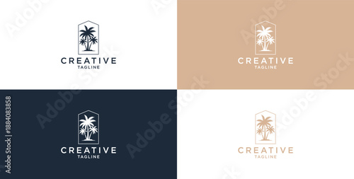 Vector logo design template with palm tree - summer and vacation abstract badge and emblem for vacation rentals, travel services,