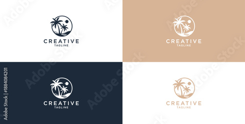 Vector logo design template with palm tree - summer and vacation abstract badge and emblem for vacation rentals, travel services,