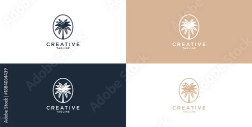 Vector logo design template with palm tree - summer and vacation abstract badge and emblem for vacation rentals, travel services,