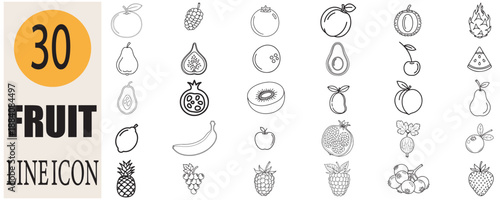 Assorted fruit line icons featuring fresh healthy vegetarian foods