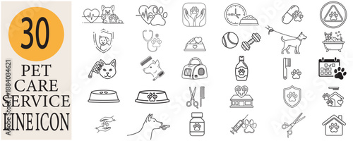 Pet care service line icon set isolated on white background for web