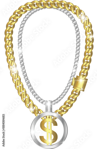 Hip Hop Gold Chain with Dollar Sign Pendant Vector isolated white