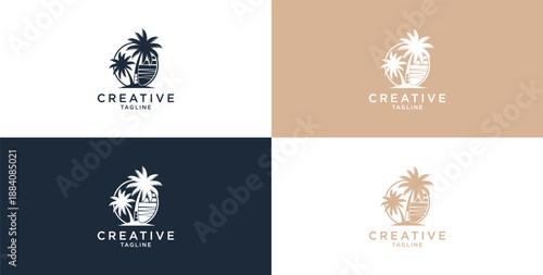 Vector logo design template with palm tree - summer and vacation abstract badge and emblem for vacation rentals, travel services,