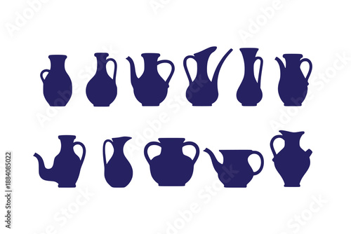 Ceramics vase water jug silhouettes set. Different old pottery, decorative vessels, clay pitchers, decor jug. Creative vases jug shapes in flat style isolated vector design template