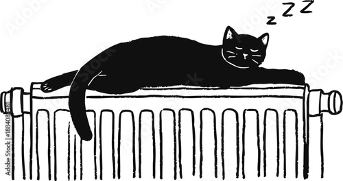 Sleeping cat on warm radiator illustrated in cute hand drawn doodle style with cozy home winter mood