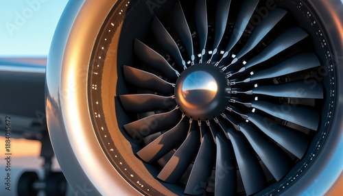 Aircraft jet engine close-up showcasing turbine blades and details  