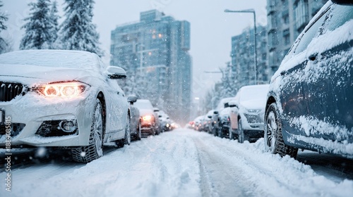 Snow Covered Vehicle in Urban Winter Setting with Falling Snow Effect