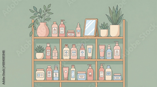 Serene Bathroom Shelf with Cosmetics and Greenery in Soft Pastel Hues