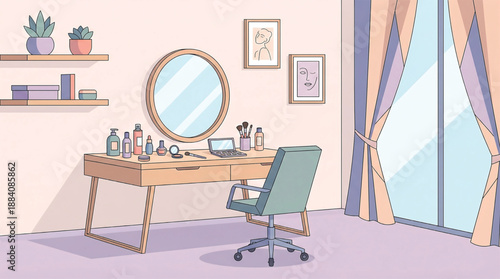 Cozy Makeup Vanity with Mirror and Chair in Soft Light